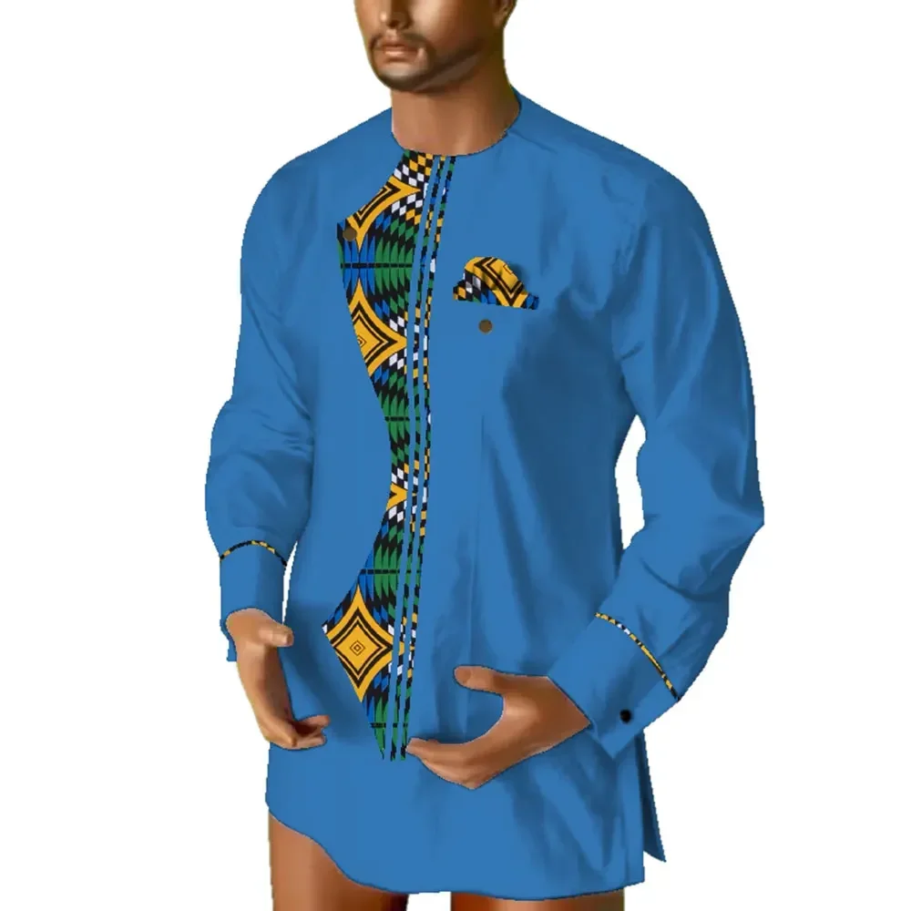 African Shirt Dashiki Men Long Sleeve Collarless Shirt Tops Casual African Print Shirt Causal Party Office Shits Wax WYN689