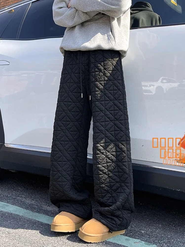 White Quilted Cotton Pants Men's Winter Outerwear Thickened Loose Straight Leg Wide Leg Pants Lazy Style Casual Straight Pants view 3