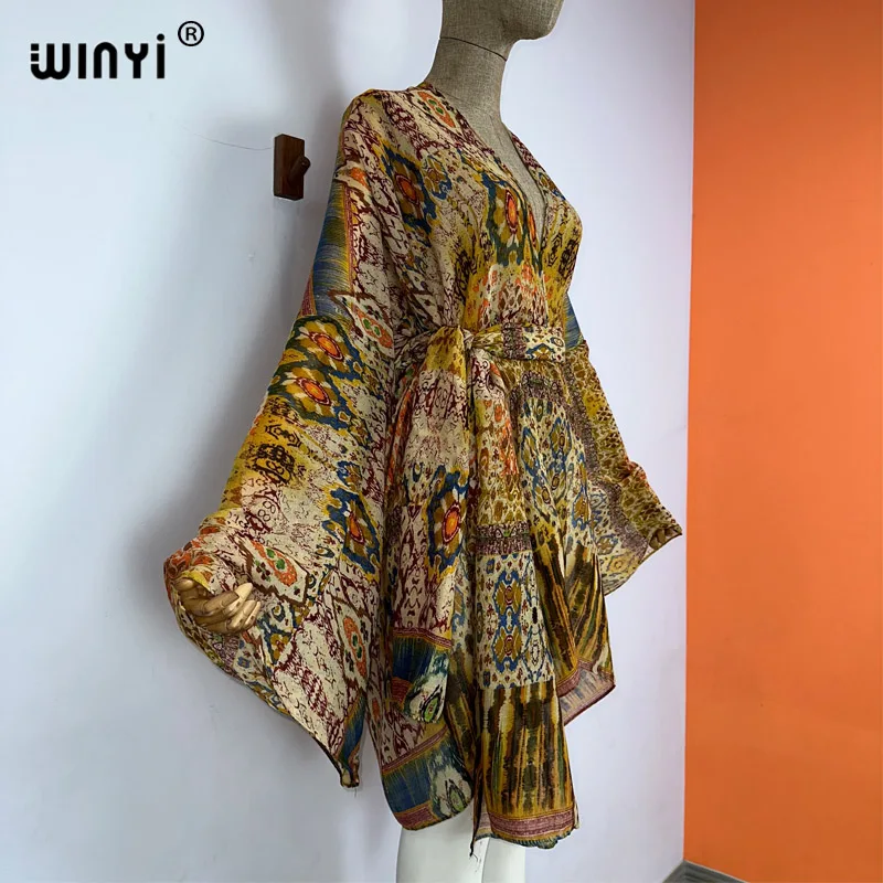 WINYI kimono con cintura estate stampa floreale abiti da spiaggia per le donne Cardigan sexy Holiday maxi beach wear costume da bagno abito da sera