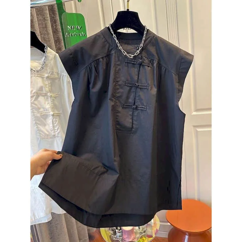 Aesthetics Vests O-neck Loose Casual Korean Style Frog Button Crop Tops Flared Hem Design Shirts 2026 Summer Wear Women Clothing