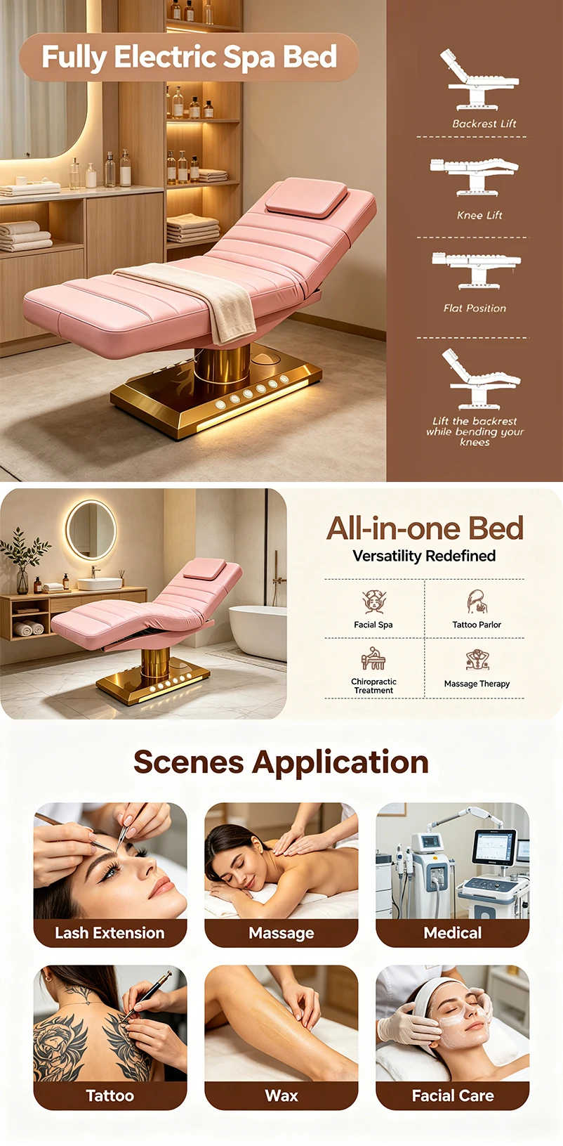 Modern Luxury 3-motor Electric Massage Bed Adjustable Beauty Care Medical Spa Beauty and Beauty Cosmetic Facial Bed