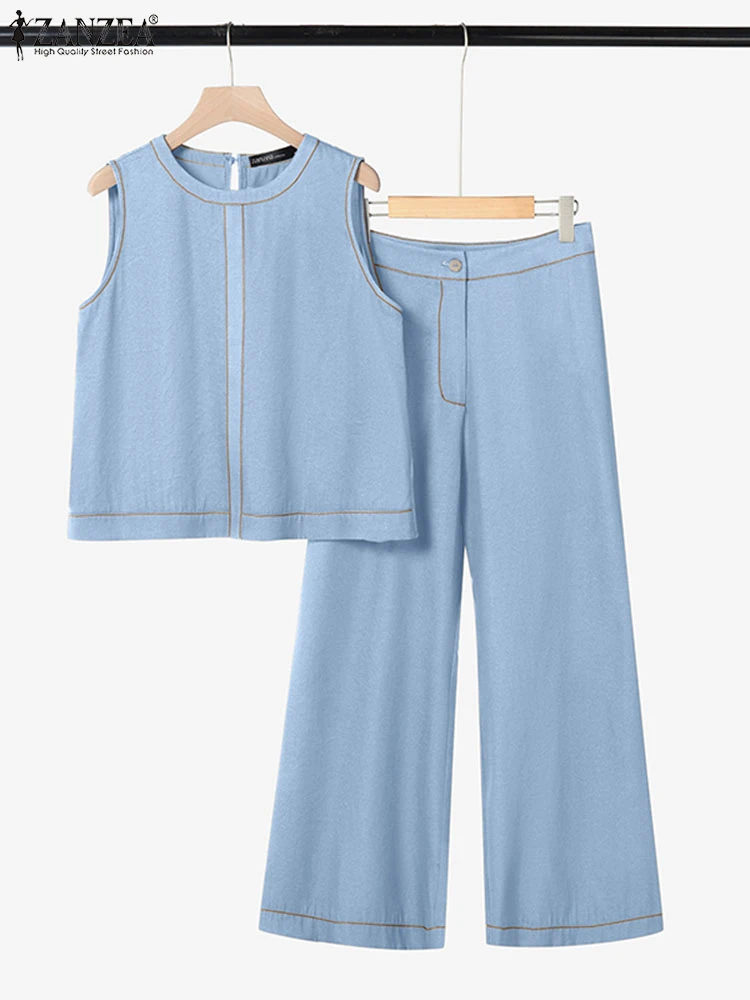 

ZANZEA женские джинсовые костюмы повседневные офисные работы широкие джинсы комплекты 2025 модные летние топы без рукавов длинные расклешенные брюки 2 шт.