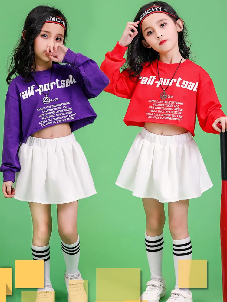 아동 힙합 의류 키즈 여아 재즈 스트릿 댄스 의상 봄 여름 상의 스커트 세트 볼룸 댄스웨어 무대 의상