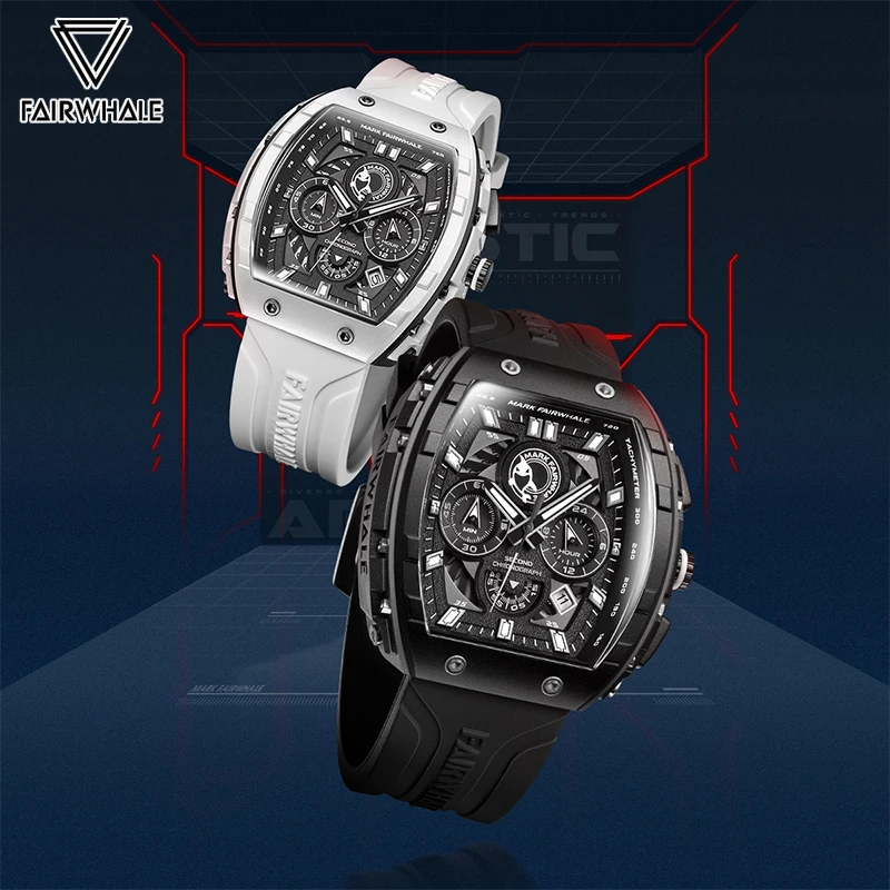 Moda reloj blanco para hombres Correa deportiva de silicona buceadora reloj de cuarzo luminoso tonneau forma carcasa de resina reloj multifuncional