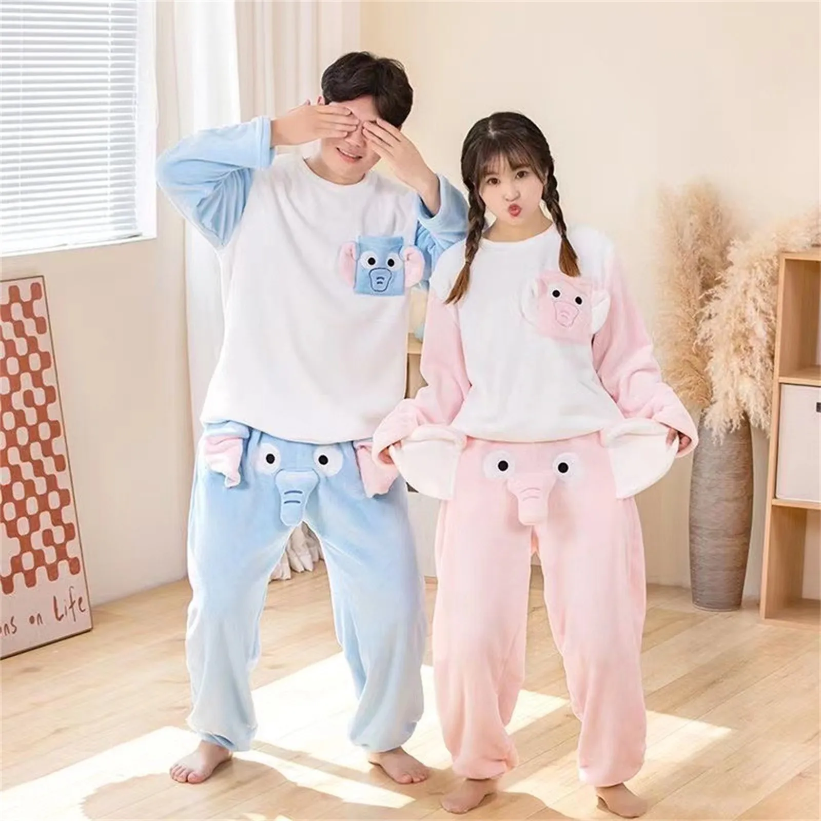 Funny Cartoon Men\'s Pajama Suits Couple Novelty Animal Elephant Ear Trunk Plush Long Sleeve Couple Clothes+Trousers Prank Gift