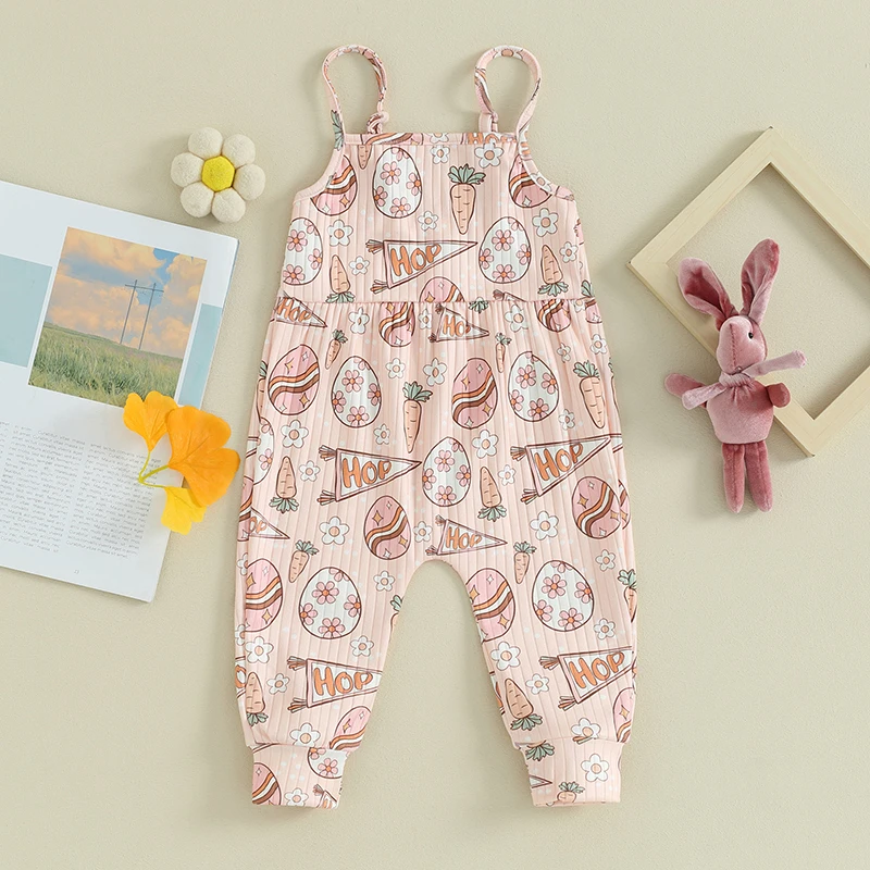 Adorable Baby Girls Easter Bunny Romper Floral Carrot Print Sleeveless Overall Jumpsuit with Long Pants