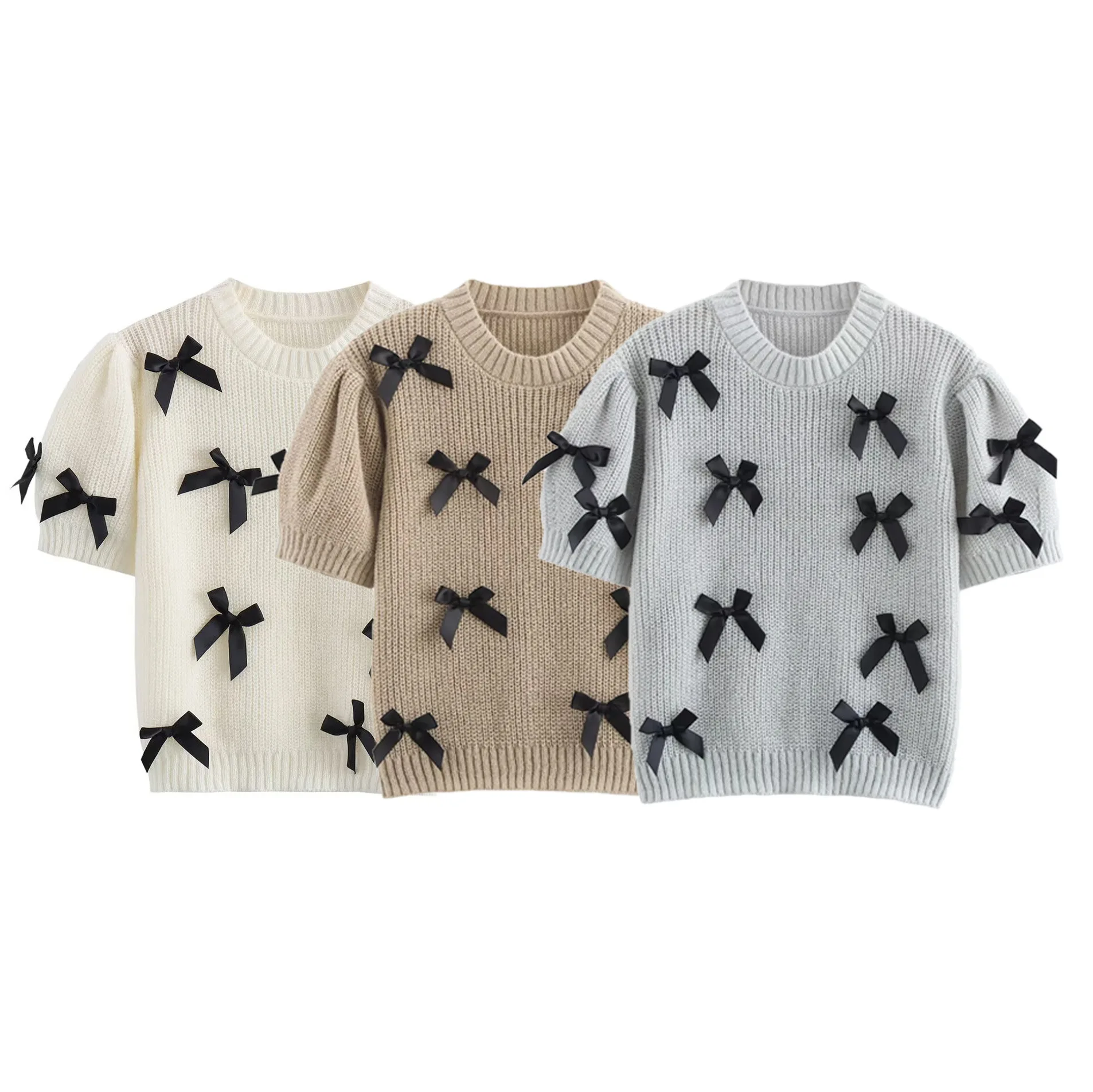 

2025 Autumn Women's Round Neck Bow Decoration Slim Fit Short Solid Color Sweater B88739