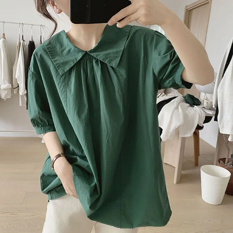 

Sweet Peter Pan Collar Spliced Folds Puff Sleeve Blouses Female Clothing 2025 Summer New Loose All-match Tops Korean Shirts