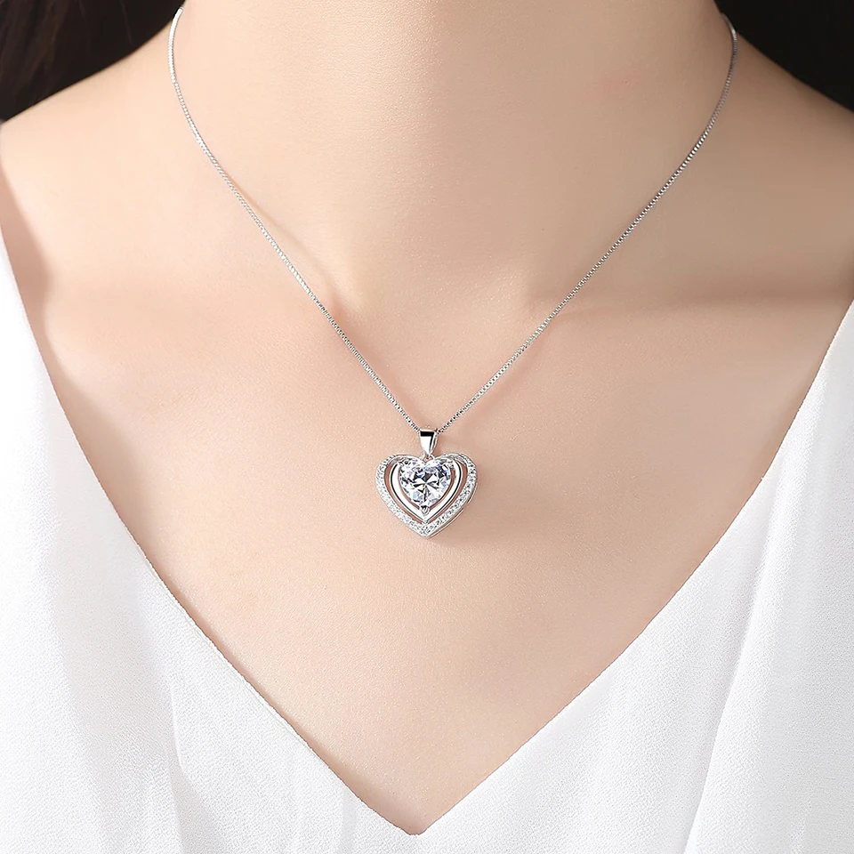 Zircon Heart Necklaces For Women Lover Silver Color Necklace Pendant Jewelry Fashion Female Neck Chain Girlfriend Birthday Gift