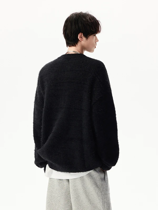 2025 Spring and Autumn Men's High-end Jacquard Design Loose Casual Fashion Black Crew Neck Long Sleeve Knit Sweater