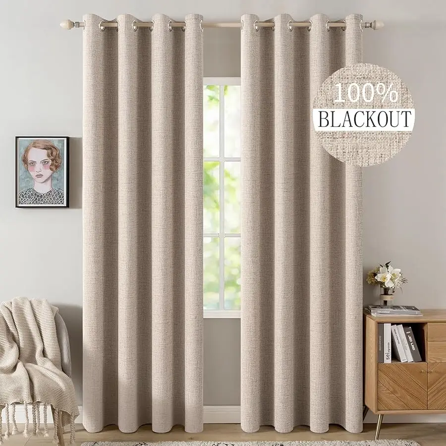 

100% Blackout Linen Textured Curtains for Bedroom Solid Thermal Insulated Natural Beige Grommet Room Darkening Curtains & Drapes
