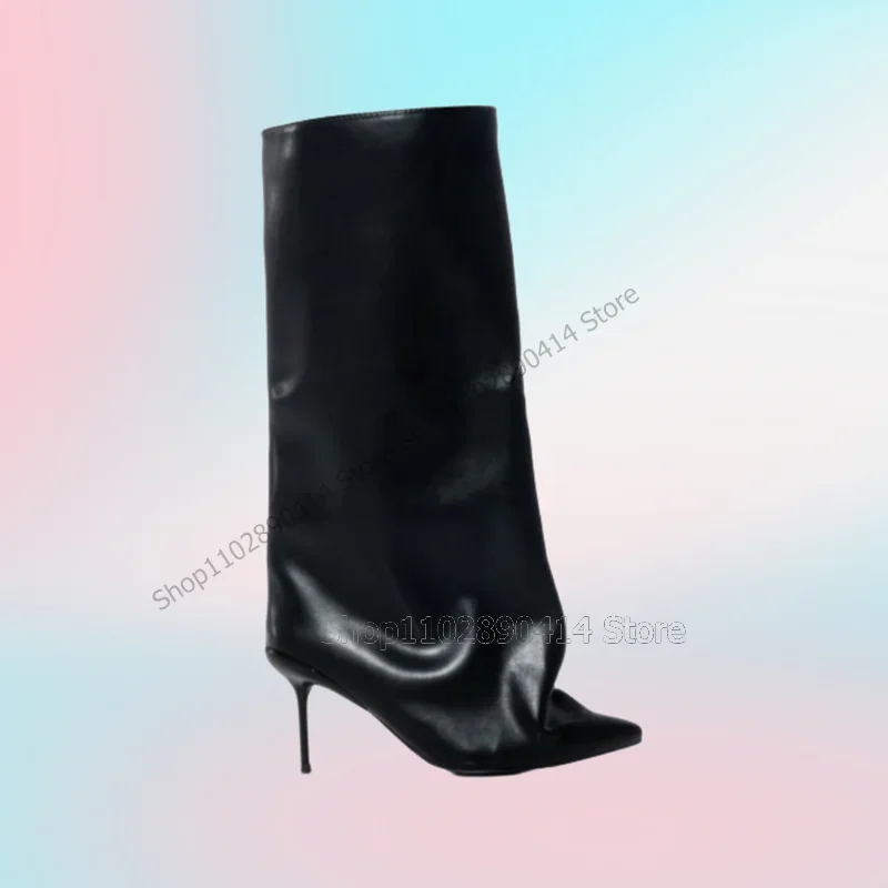 

Black Large Cuff Pleated Design Pointed Toe Boots Slip On Women Shoes Thin High Heels Sexy Party Runway 2023 Zapatos Para Mujere