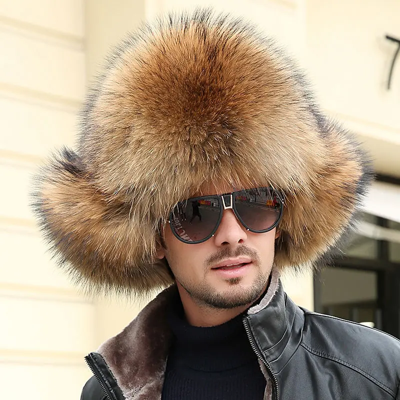 Real Fur 100% Fox Skin Russian Businessmen Pilot Bombers Full Mao Men's hat Ushanka Winter Ear Guard Hat Raccoon Fur Beanie hat