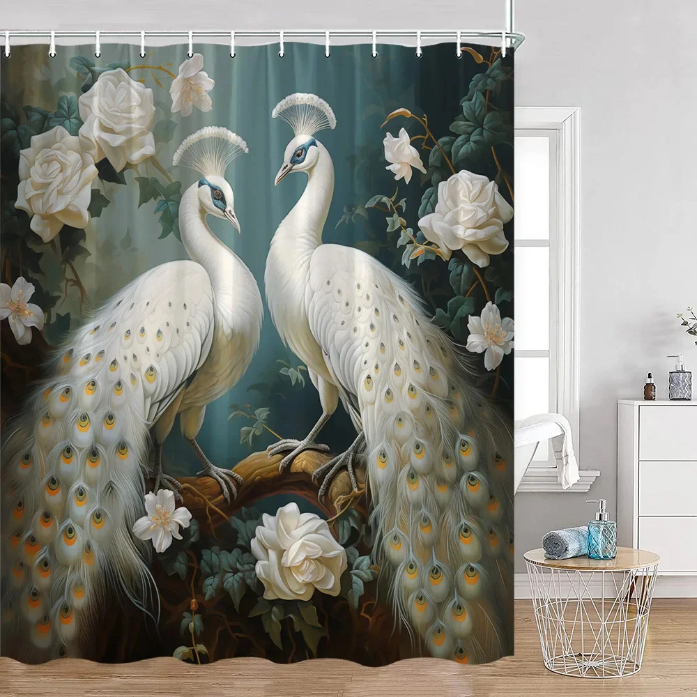 

Animal Shower Curtain Two White Peacocks Shower curtain Floor mat Bathtub Partition Waterproof Fabric Bathroom Home Decor