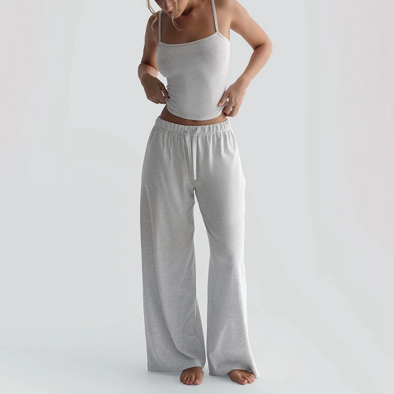 أنيق سيدة بلون رياضي 2 قطعة مجموعة النساء السباغيتي حزام المحاصيل الأعلى و واسعة الساق بانت الدعاوى 2025 الصيف ملابس رياضية غير رسمية #4