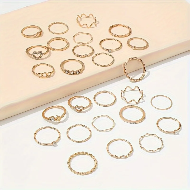 28-teiliges Set aus zarten goldenem Ring aus Zinklegierung, Schmuck, eleganter sexy Stil für Frauen, Sommer-Stapelring – Detail 3