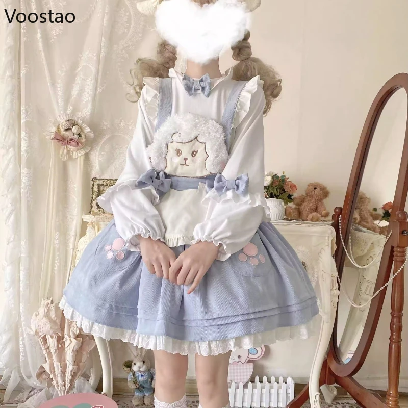 Japanese Sweet Lolita Jsk Dress Victorian Women Cartoon Bear Kawaii Sheep Strap Cake Dresses White Shirt Girls Cute Princess Set