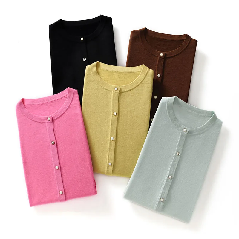 

Сплошной цветной шерстяной кардиган с круглым вырезом и длинными рукавами, женский топ, весенний трикотаж, приятный для кожи женский топ из 100% шерсти