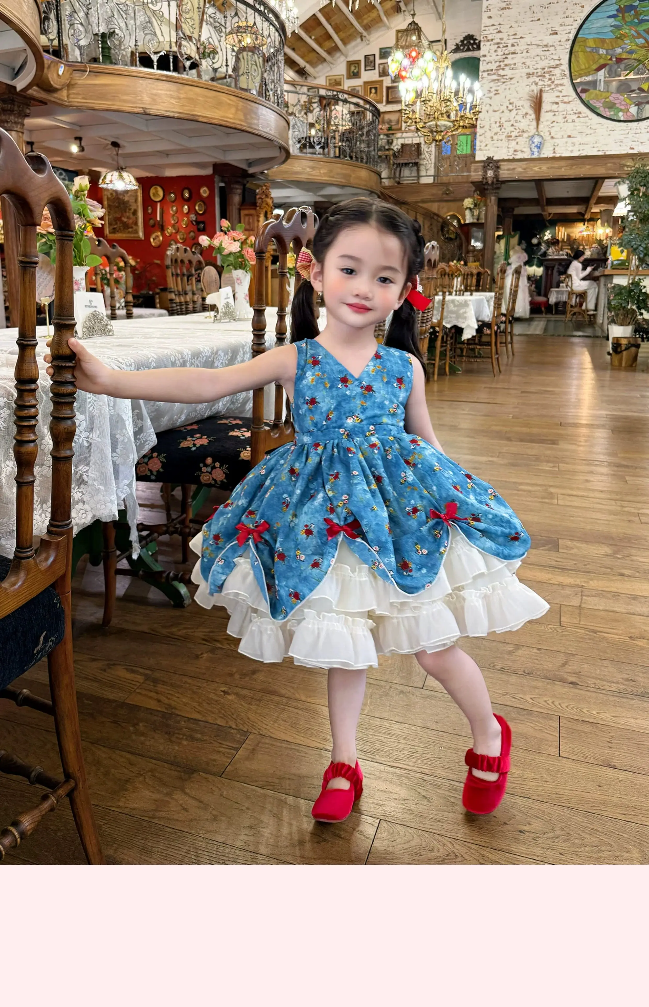 Mädchenkleid mit Blumenmuster, Lolita-Prinzessinnenkleid, Doppellagiger Rüschen-Tüllrock, Kinder-Sommerkleid für Geburtstagsfeiern und Fotografie-Kostüme – Detail 12
