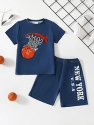 Boys' Summer Cozy Sleepwear Outfit Fashion Basketball Pattern Print Short Sleeve Crew Neck Top Letter Print Comfortable