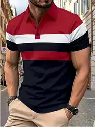 Men's short sleeve chest three stripes color matching fashion with men's lapel short sleeve men's fashion casual top T-shirt
