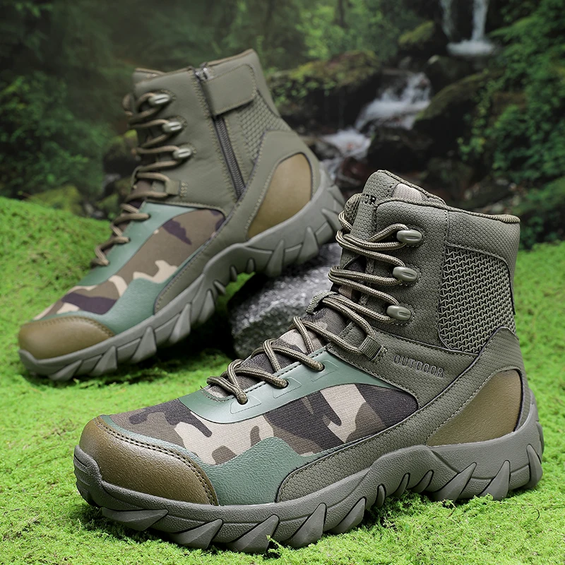Men Camouflage HighTop Hiking Boots Camo Fabric PU Upper Wear Resistant Rubber Sole AntiSlip Outdoor Trekking Hunting Boots