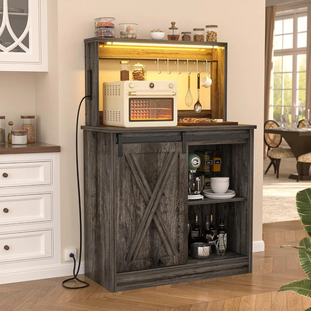 Farmhouse Style Coffee Bar Cabinet with Charging Station, LED Lighting, and Customizable Storage, Charming Buffet Hutch for Mode