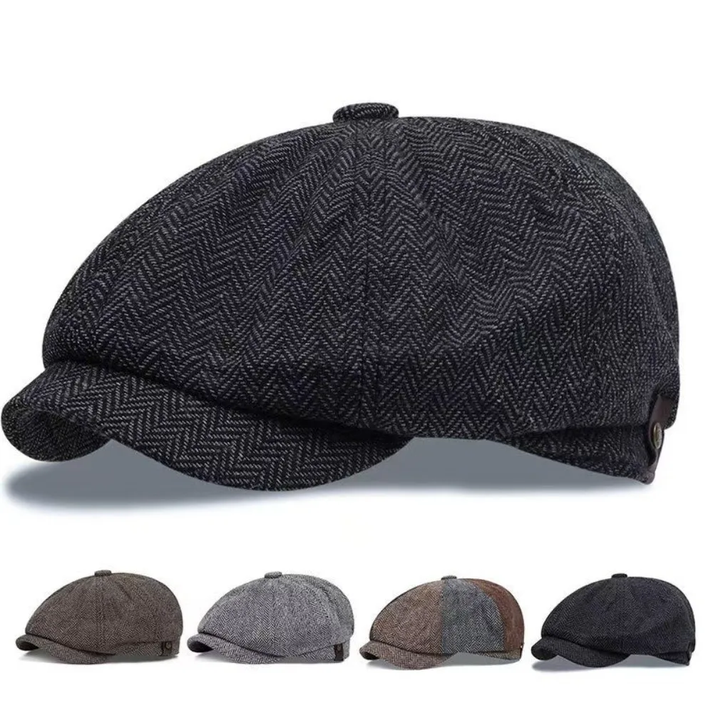 Autumn Winter Casual Men Newsboy Hat Classic Retro Style Beret Hats Flat Design Tweed Material Street Caps Men Casual