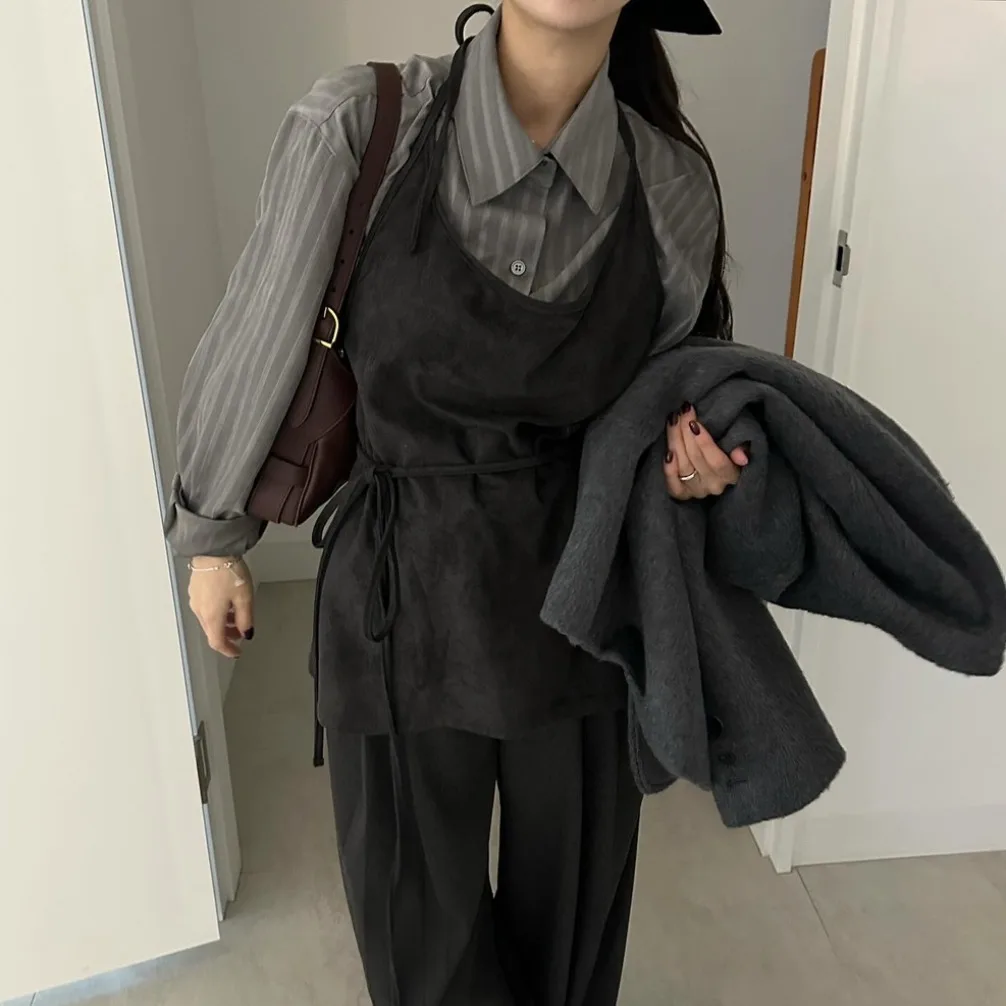 Women's Chic Vintage Casual Stripe irt Belted Waist Long Sve Tie Dye Autumn Versatile Top Comfortable Breathable Loose Fit