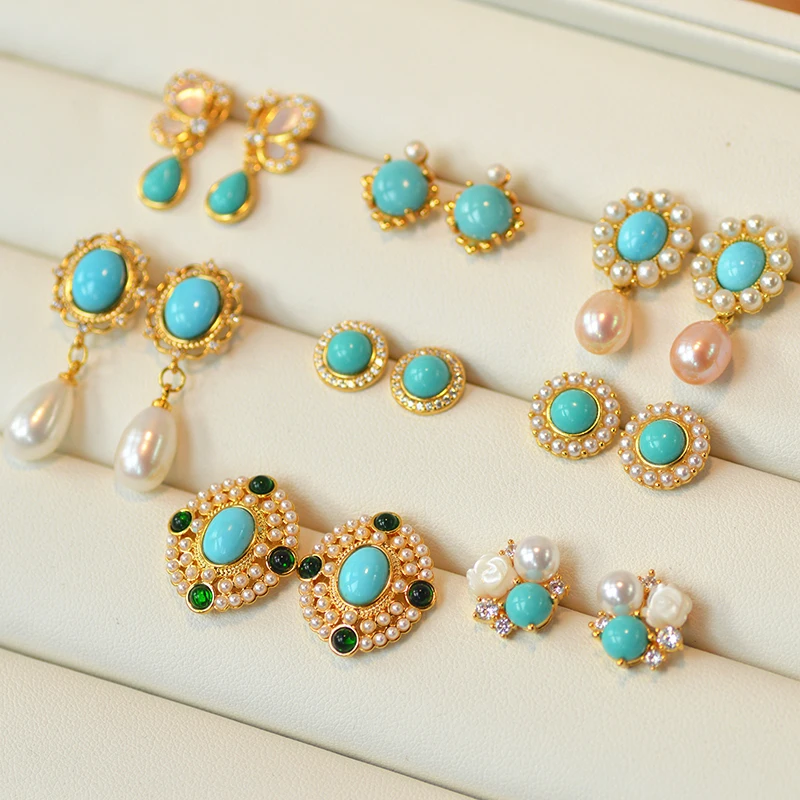 Natural Turquoise Blue White S925 Silver Sterling Silver Gold Plated Earrings Pearl Beautiful Exquisite Earrings for Woman