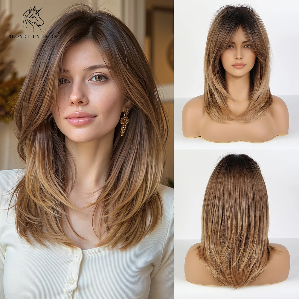Blonde goldbraune Ombre lange gerade synthetische Perücke für Frauen mit Vorhang-Pony, hitzebeständiges Haar für Frauen, tägliche Party – Detail 9
