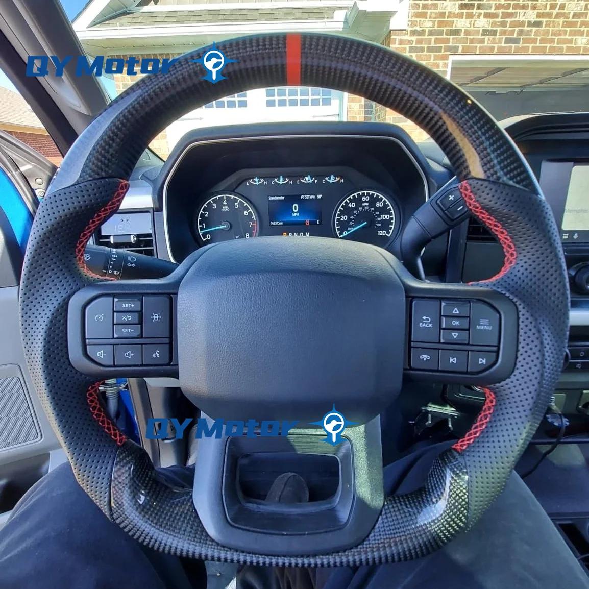 Real Carbon Fiber Steering Wheel for Ford Raptor F150 2021 2022 2023 2024 Black Perforated Leather Red Stripe