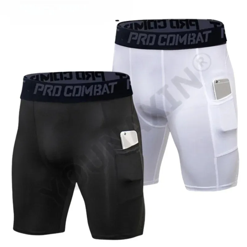 Mens Gym Shorts with Pockets Workout Compression Leggings for Men Polyester Boxer Briefs Running Basketball Athletic Tights