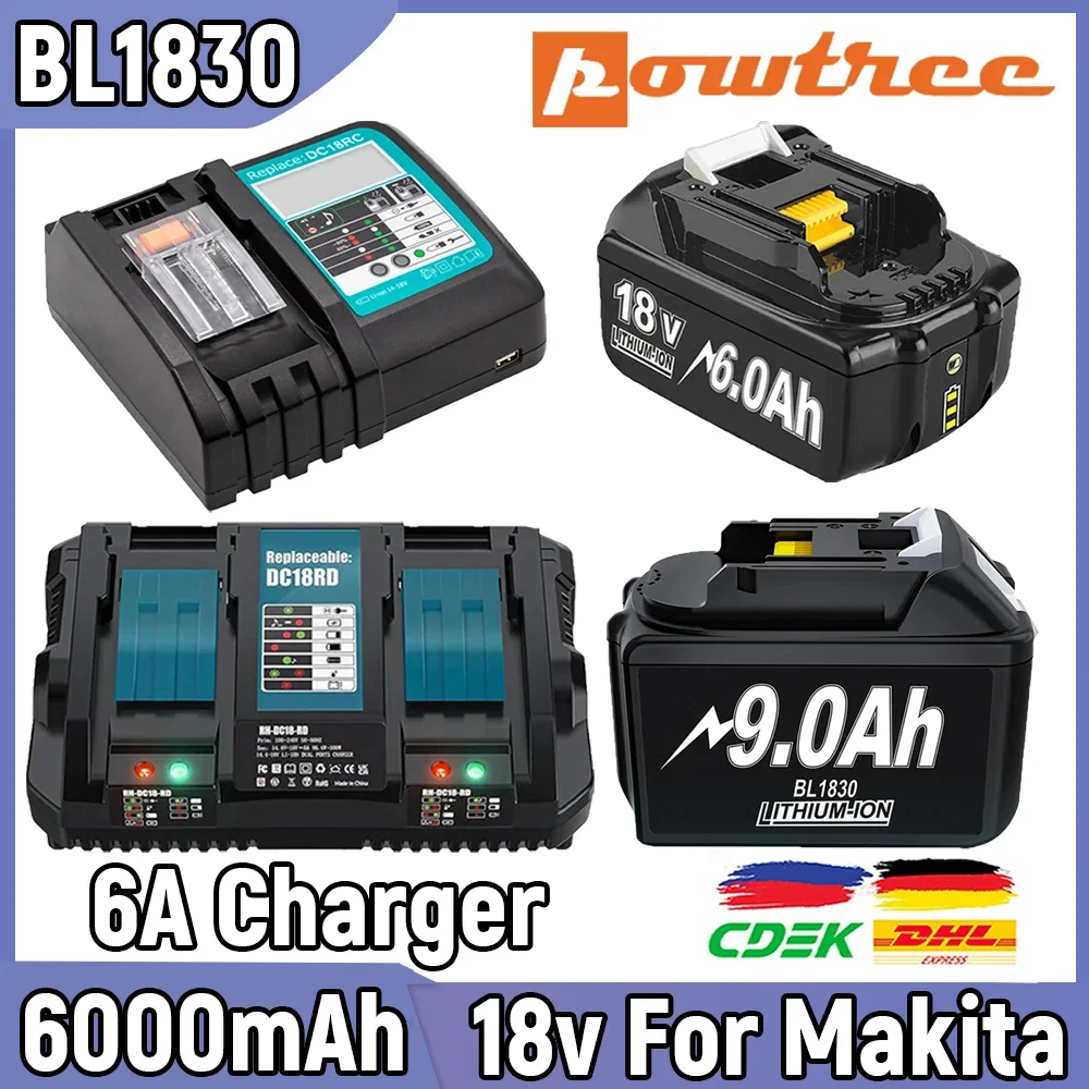 Powtree Ersatzakku für Makita BL1830, 9000 mAh/6000 mAh, BL1840, BL1850, BL1860, BL1860B, 18 V, mit einzelnem 4A/Dual 6A-Ladegerät