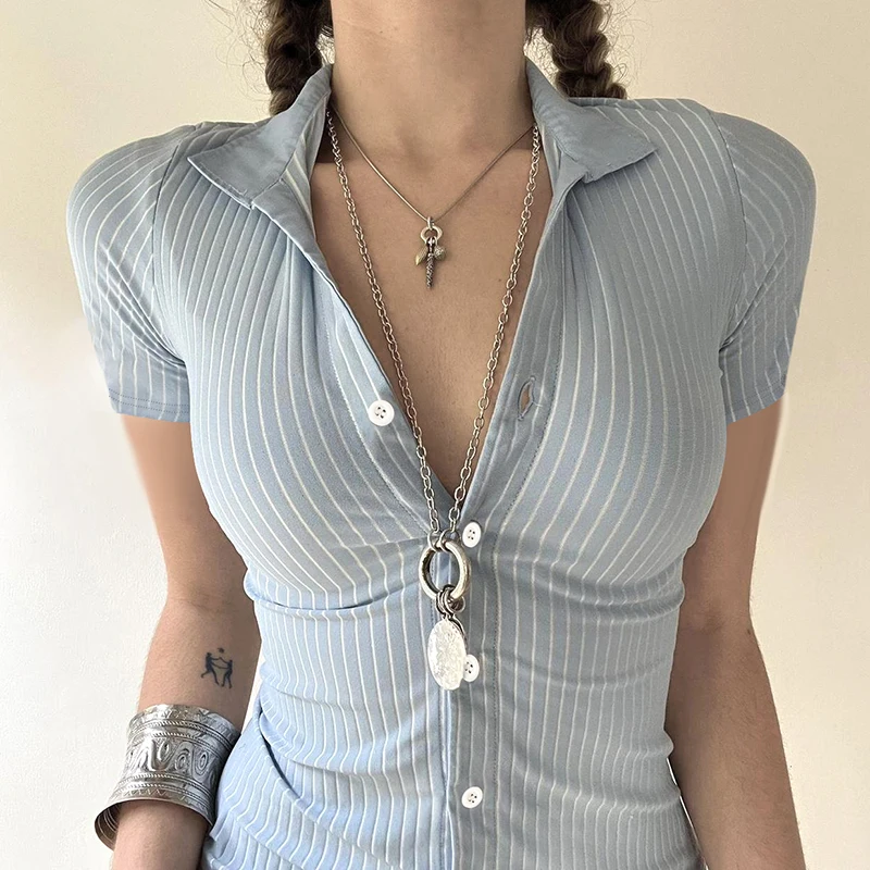 IAMHOTTY Y2K Top abbottonato a righe donna Chic elegante camicia a maniche corte aderente camicette Casual di base Vintage Streetwear