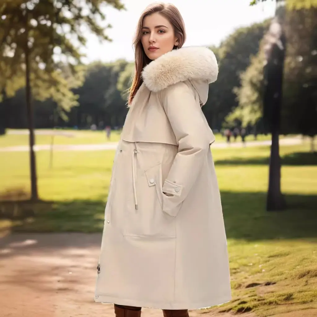 

Parker Women's Cotton-Padded Jacket Over-the-Knee Long Elegant Dress with Large Fluffy Collar Inner Pad for Winter Wear