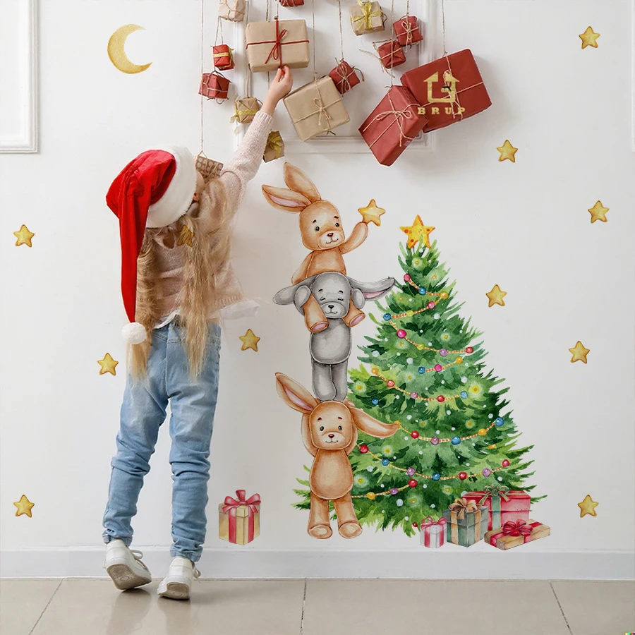 Christmas Wall Stickers For Kids - Stacking Bunnies Removable Self-Adhesive Decals For Kids' Room Playroom Holiday Party Decor