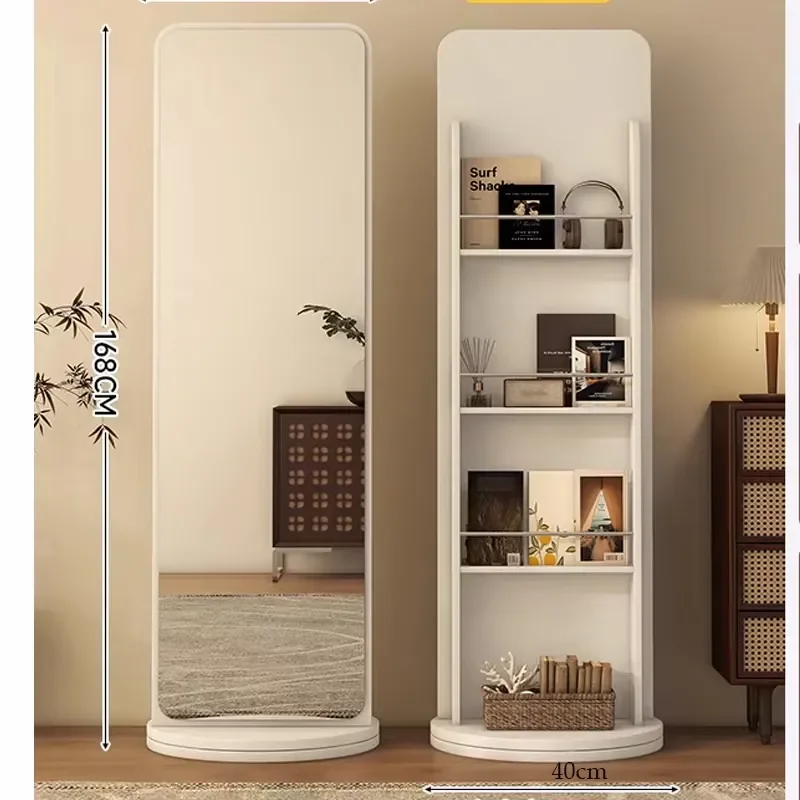 Full Length Floor Standing Makeup Mirror with Wooden Storage Shelf and Rotary Hanger for Bedroom Furniture Organization Decor