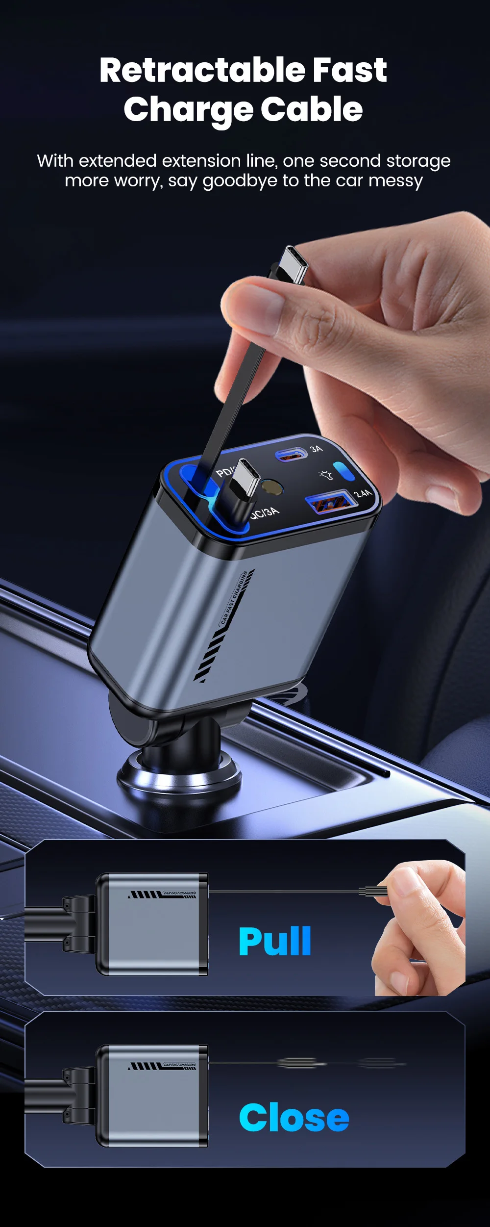 4-in-1-Autoladegerät mit Sternenhimmel-Spotlight, einziehbares Autoladegerät mit Ladekabel und 2 Ladeanschlüssen, universelles Autoladegerät – Detail 7