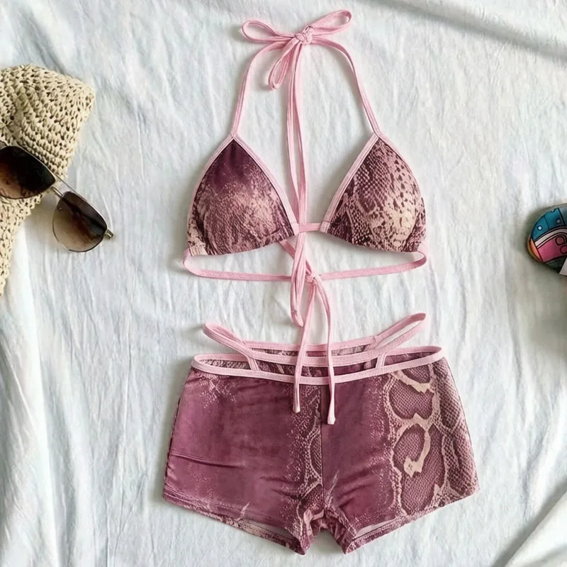 2026 New Summer Ins Style Sexy Beach Leisure Spice Girl Snake Pattern Design Personality Niche Fashion Neck Bikini Shorts Suit