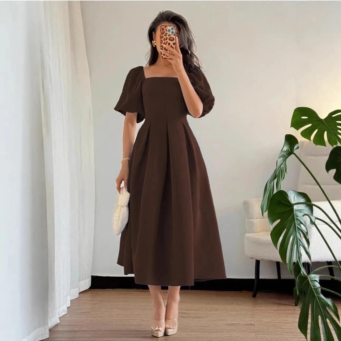 

Europe Station Summer Hot Sale New Solid Color Square Neck Dress For Women