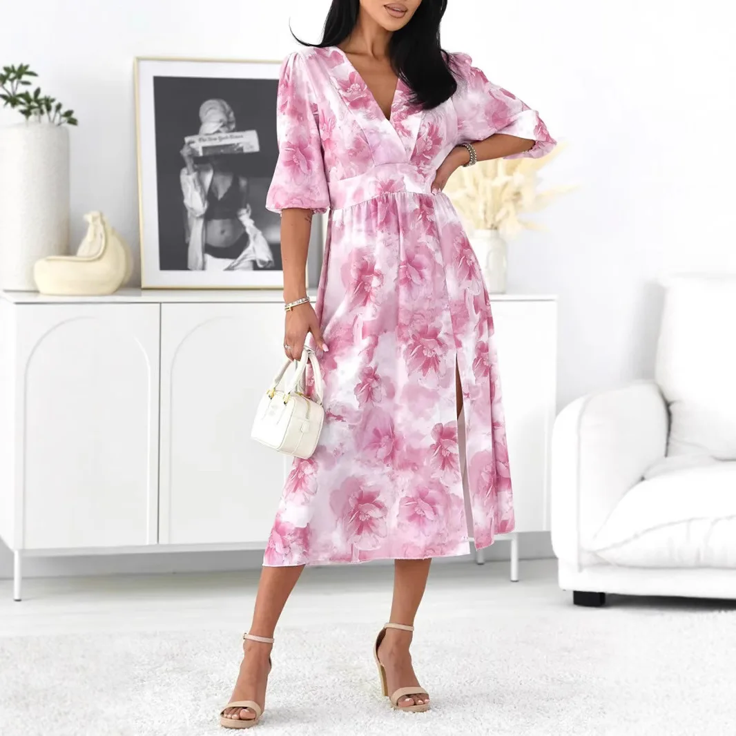 Summer Women's V-neck Fashionable Printed Dress With Five Quarter Sleeves And Side Slit Waist Collection Printed Dress For Women