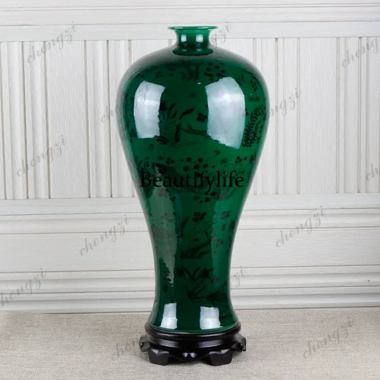 B56 Jingdezhen ceramic green glaze jadeite vase ornament antique large blue and white porcelain vase binaural vase green