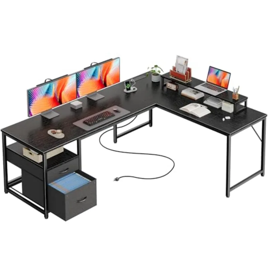 63 Inch L Shaped Desk with Power Outlets and USB-C Port Computer Corner Home Office Desk with File Fabric Drawers and Movable M