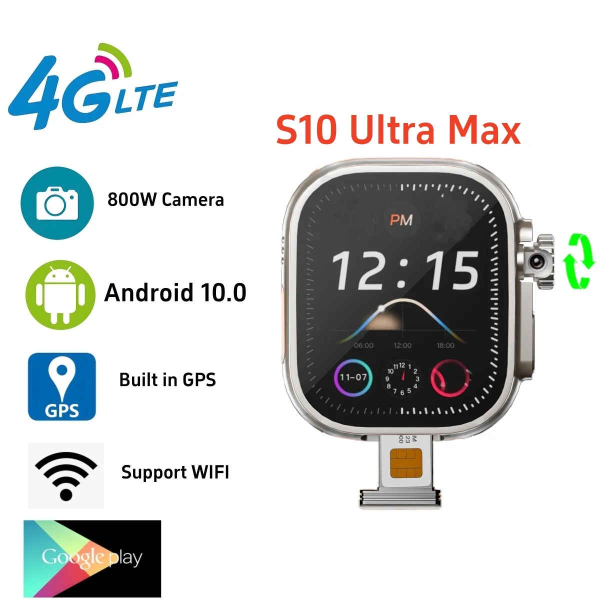 Original DW99 S10 Ultra Max Smart Watch New Box New Android 10.0 System Smartwatch With 180° Rotary Camera GPS WIFI App Store