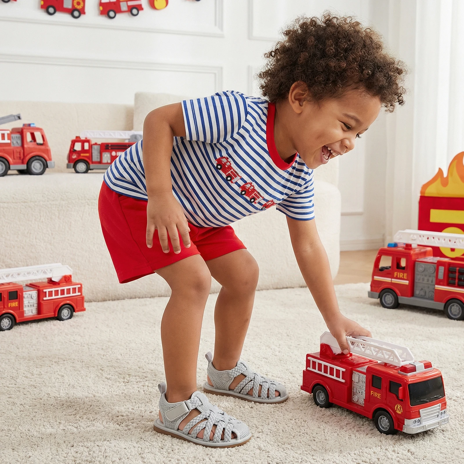 Kids Boys Shorts Set, Short Sleeve Fire Engine Stripes T-shirt with Elastic Waist Shorts Toddler Set Summer Outfit