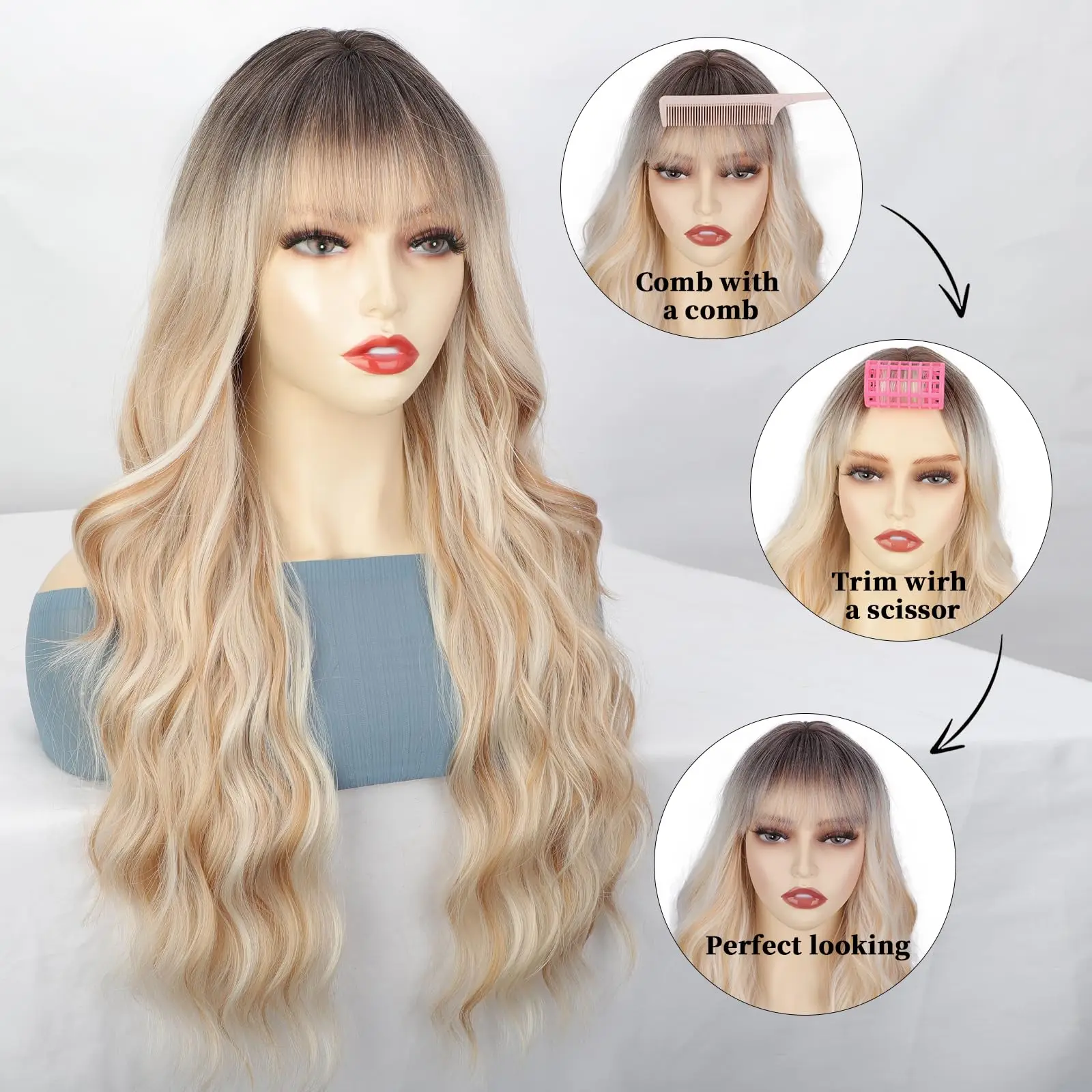 Good Texture Ombre Blonde Deep Wave With Bangs Heat Resistant Fiber 26inch Synthetic Wig sexy adult Versatile Style