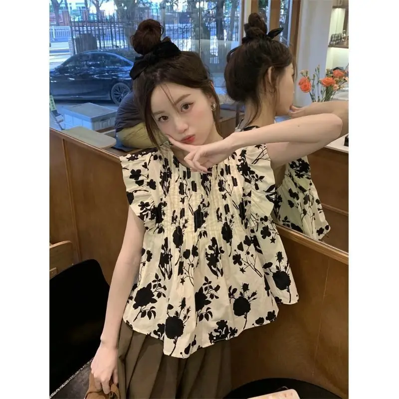 

Sweet round Neck Water-Media Print Short Sleeve Women's Shirt Loose Slimming Style Fashionable for Summer 2023 New Arrival