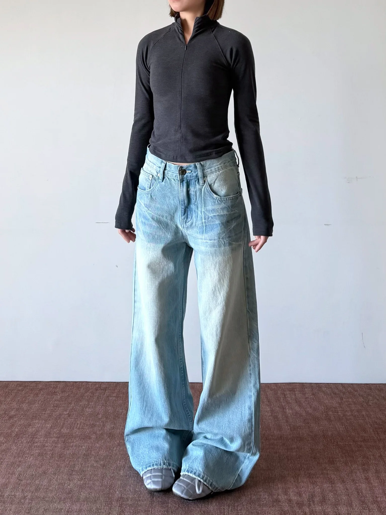 

Waed Blue Jeans Straight Leg Women's Capri Pants American Retro Lightning Pattern Casual Trousers for Men And Women