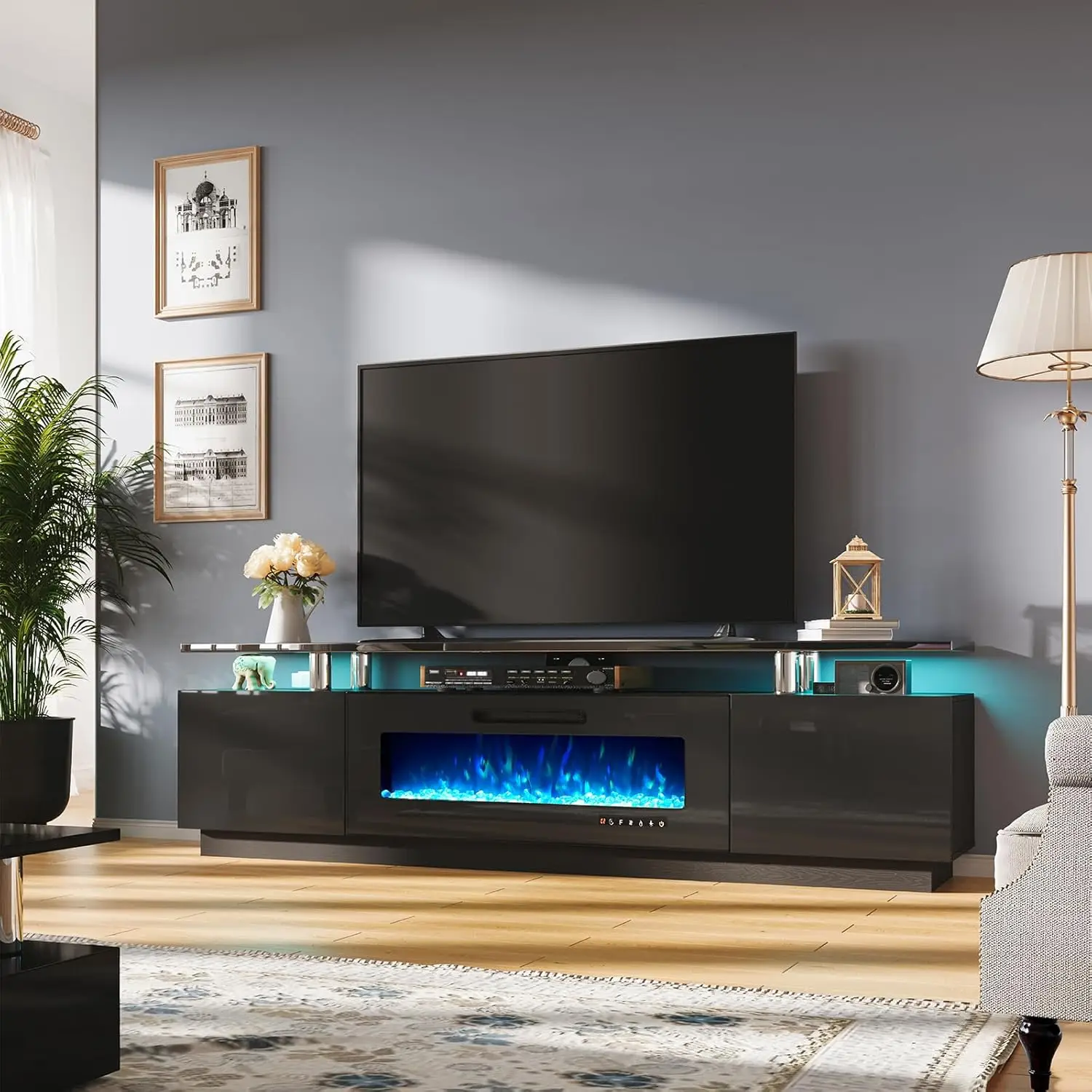 

Fireplace TV Stand with 40" Fireplace, 80" Modern High Gloss Fireplace Entertainment Center LED Lights, Obsidian Black